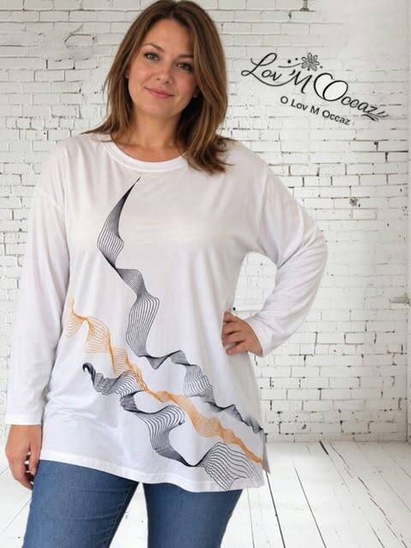 🤍 T-shirt long femme blanc à motif graphique noir et camel – Taille XL