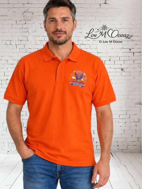 Polo orange pour homme, taille XL, avec logo personnalisé du Comité des fêtes de Valensole.