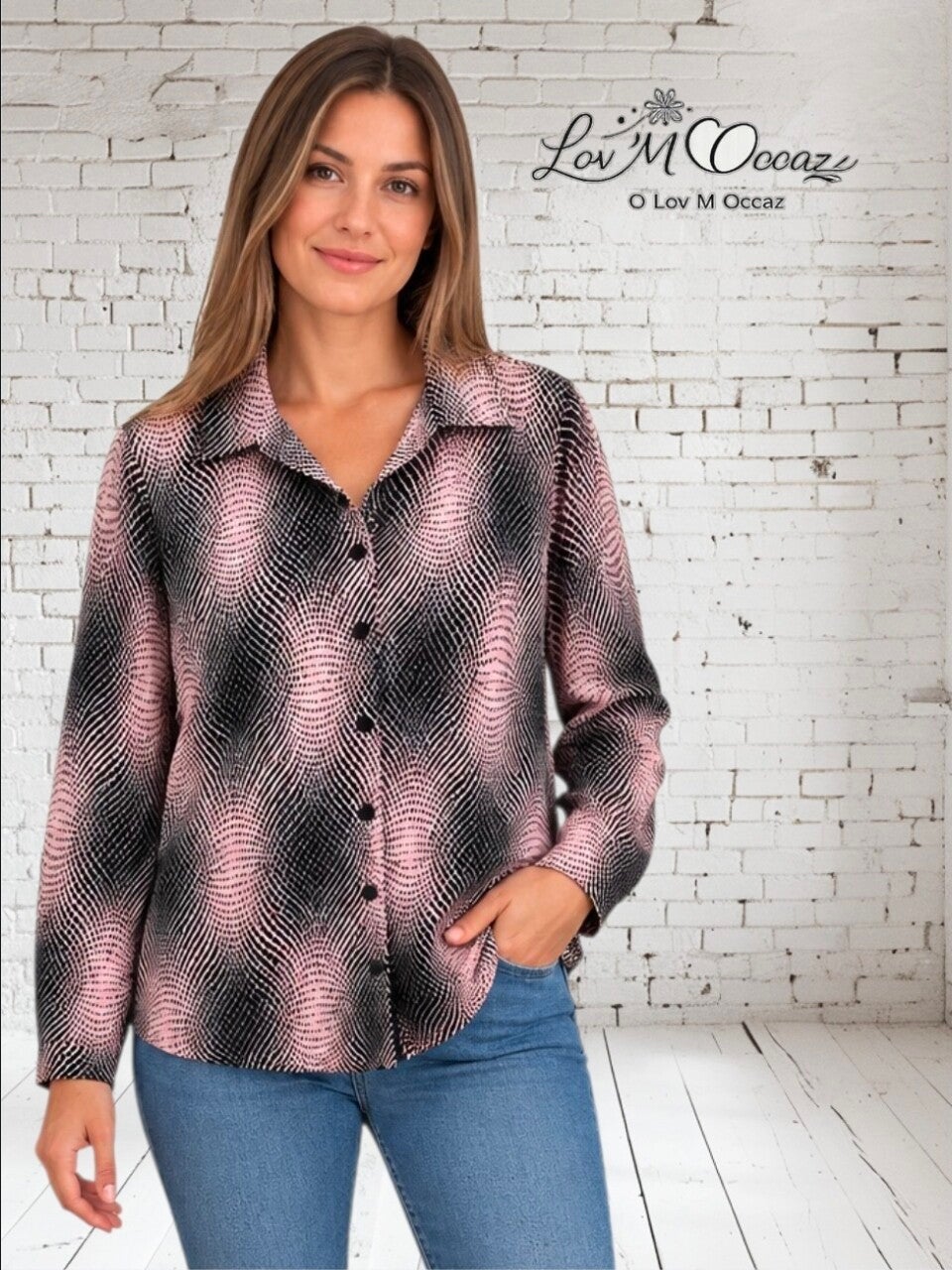 🌸 Chemisier fluide Xanaka – Imprimé graphique rose et noir – Taille 40 (L) 🌸