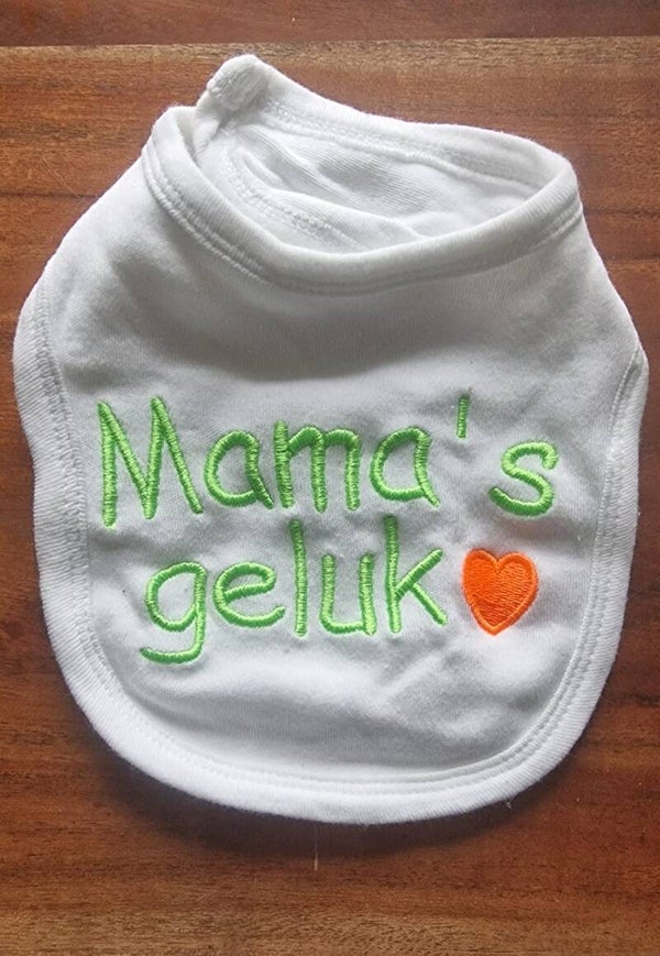 Slabbetje - Mama's Geluk <3 - Wit/licht Groen/Oranje.