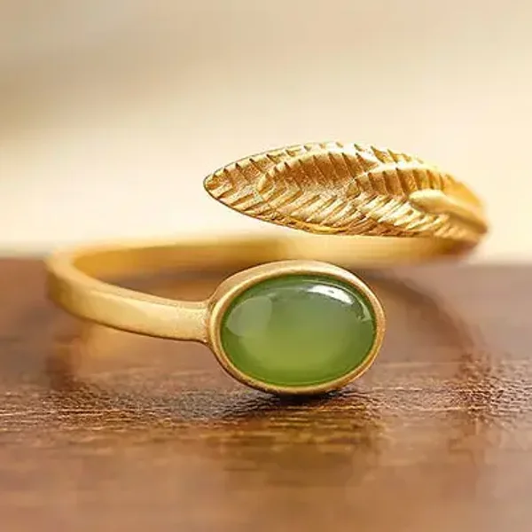 57. Ring - Green stone Feather - Koper - Goud