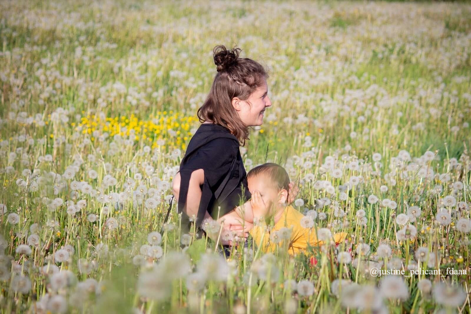 femme allaitante bambin dans les champs de fleurs pissenlit