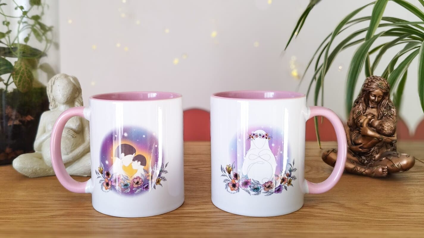 mugs tasse illustré maternité grossesse parent enfant  interieur rose  fleurit floral cadeau naissance périnatal