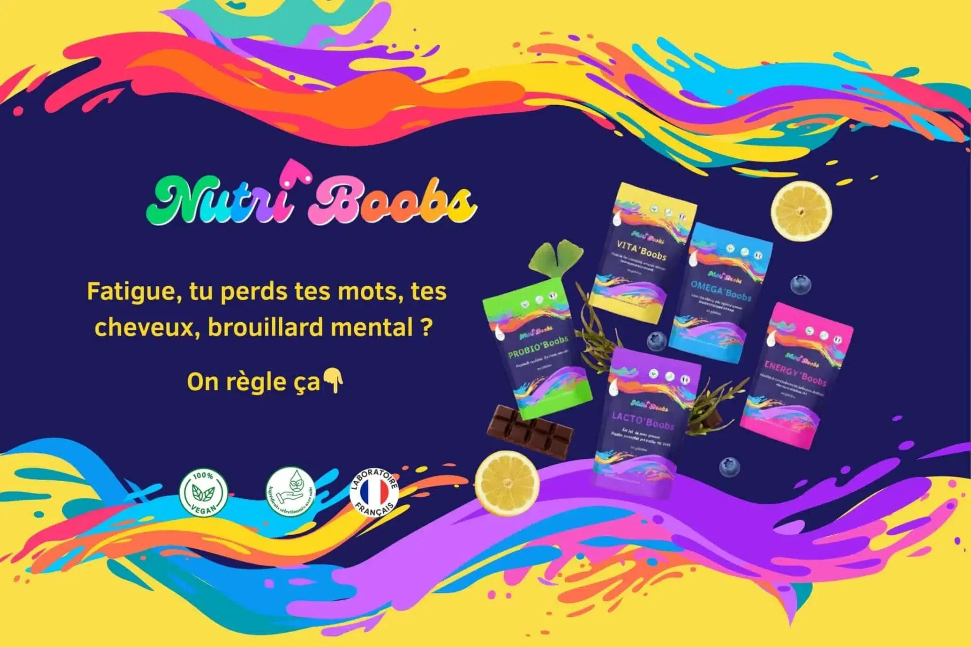 Nutri'boobs complément et nutriments et vitamines grossesses allaitement post partum créée en synergie pour soutenir la femmes les meres les parents en post partum image coloré 