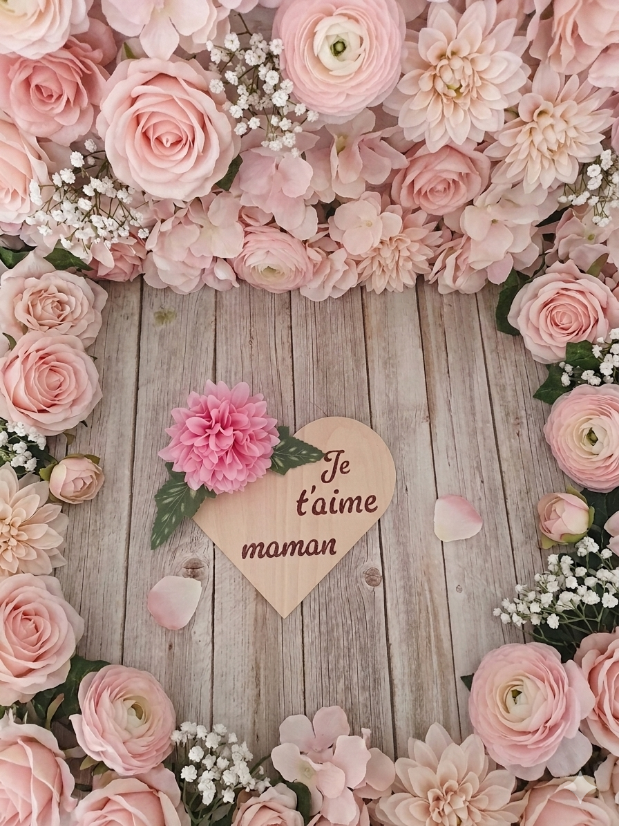 Cœur Décoratif en Bois avec Fleur – Message « Je t'aime Maman »
