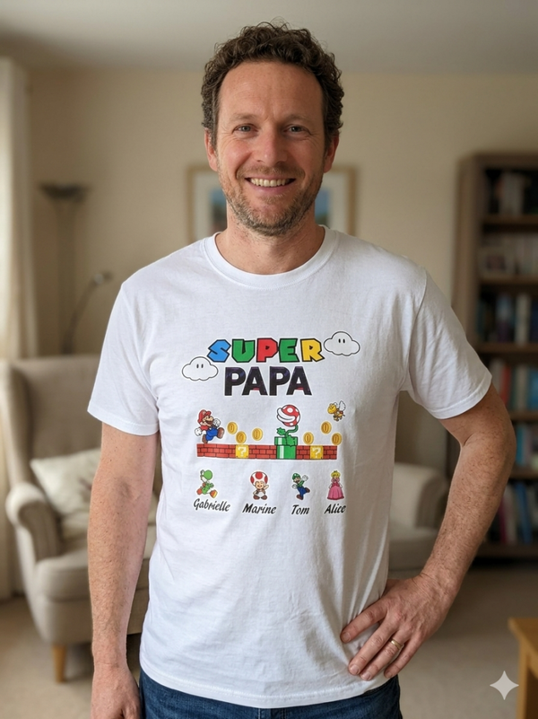 ​🎮 T-shirt personnalisé "SUPER PAPA" – Style Mario Bros 🍄