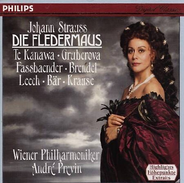 Johann Strauss, Te Kanawa, Gruberova, Fassbaender, Brendel, Leech, Bär, Krause, Wiener Philharmoniker, André Previn – Die Fledermaus, Highlights (CD)