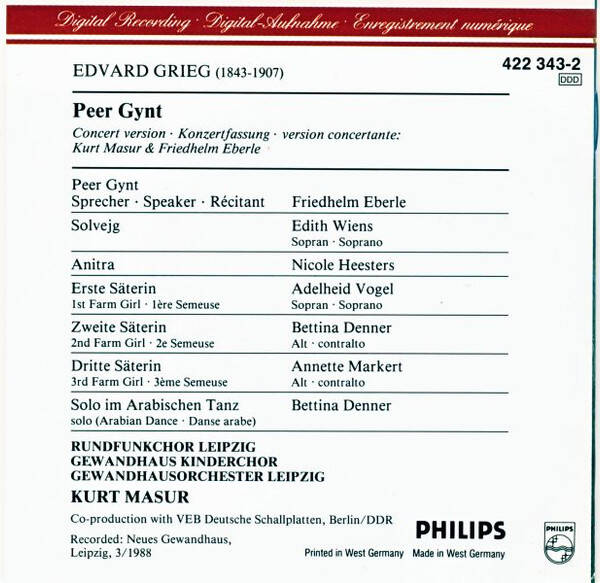Edvard Grieg - Kurt Masur - Gewandhausorchester Leipzig – Peer Gynt (CD)