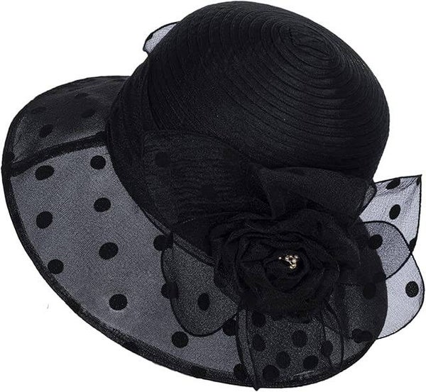 MUGANYI Lady Polka dots Organza Fascinator Sun Hats Women Kentucky Derby Wide Brim Bowler Hat for Tea Party Church Wedding