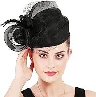 Woman Sinamay Fascinator Hat Pillbox Derby Hats Linen Feather with Veil Vintage Bridal Wedding Tea Party Cap Medium Black