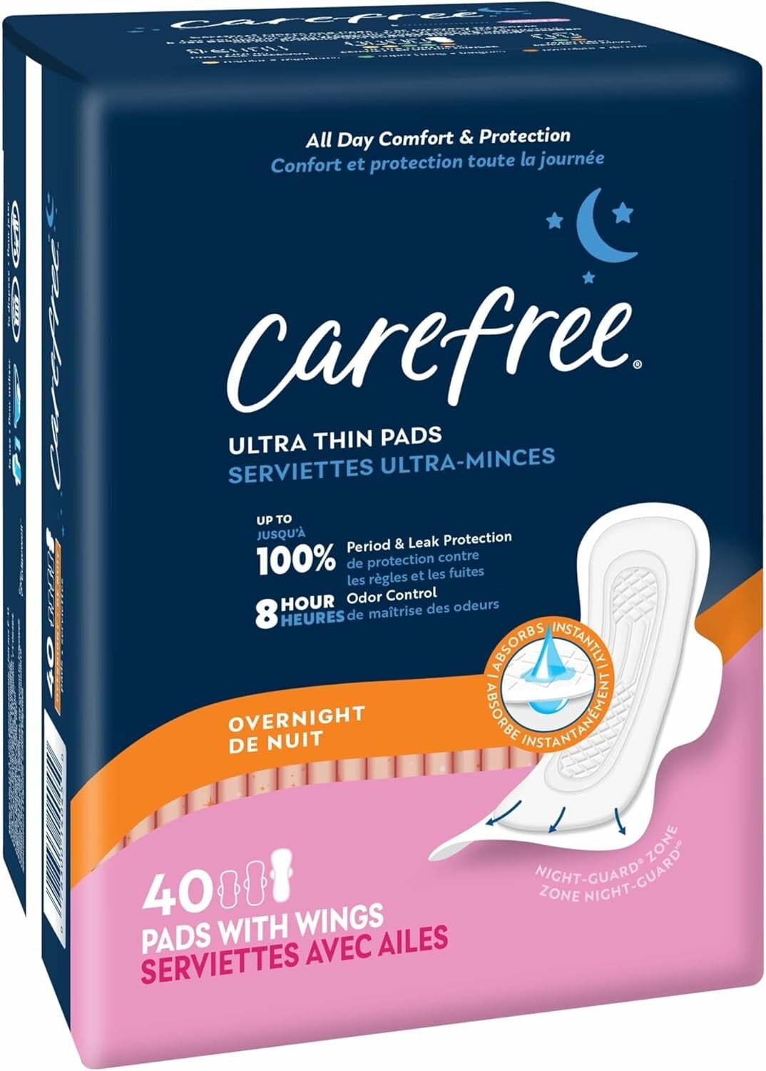 Carefree Ultra Thin Overnight Pads With Wings, 40ct With Wings Ultra Thin Overnight (Pack of 1)