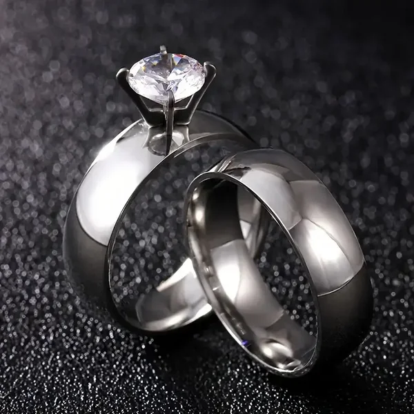 Glam Style 2pcs Stainless Steel Rings - Rhinestone Mosaic Combination Fashion Couples Bands - Trendy Personalized Design Jewelry