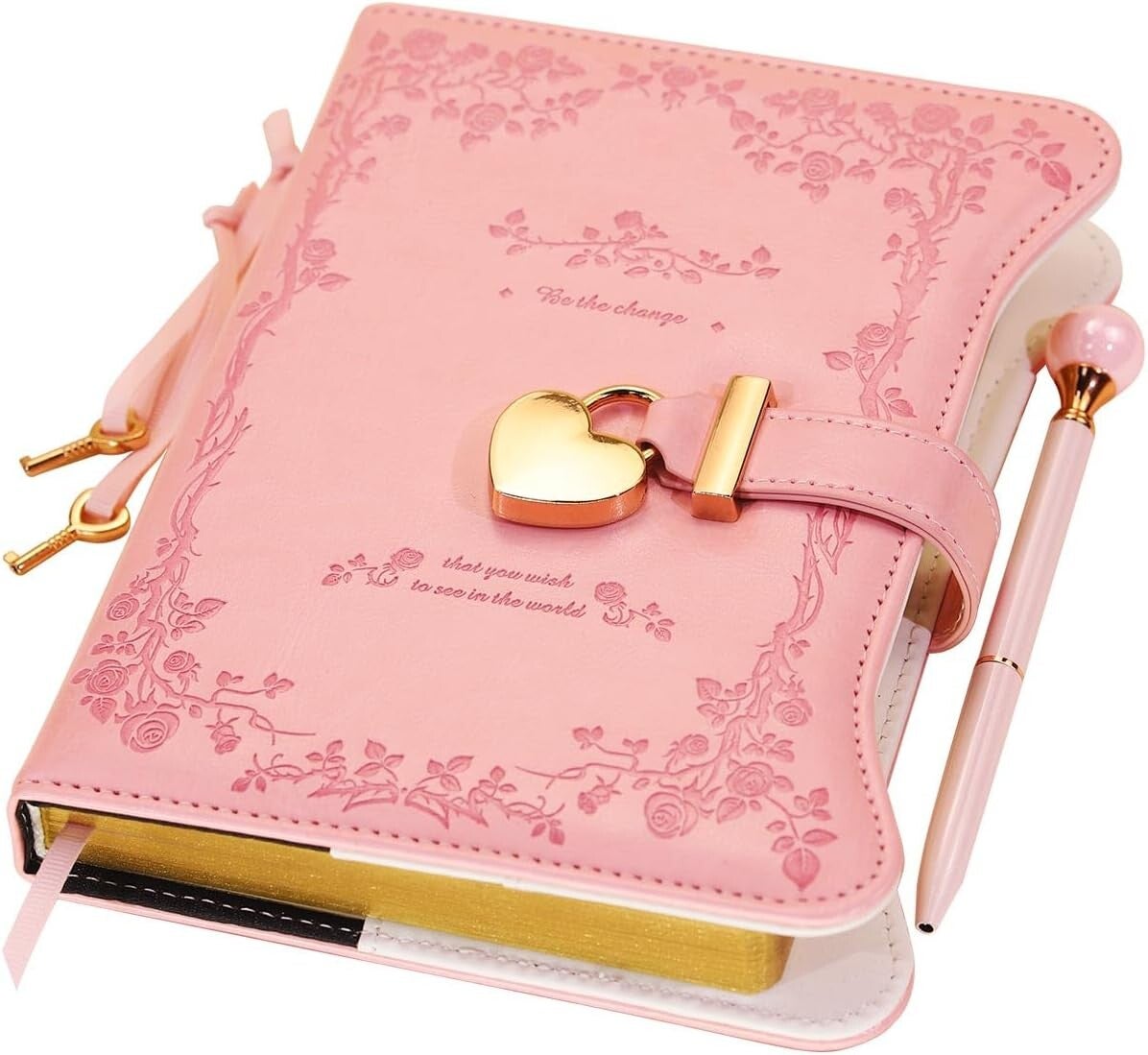 Diary with Lock and Keys for Girls Gift Ideas, 360 Gold Edged Pages Journal for Women, B6 Refillable Notebook for Writing with Pen and Bookmark (Garden Pink) Pink Garden