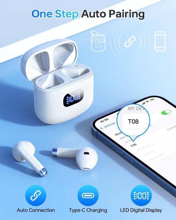 Wireless Earbuds Bluetooth 5.3 Headphones, 40Hrs Playback Stereo Ear Buds with LED Display Charging Case IPX7 Waterproof in-Ear Earphones with Mic for Phone Tablet Laptop Sports, White A-White