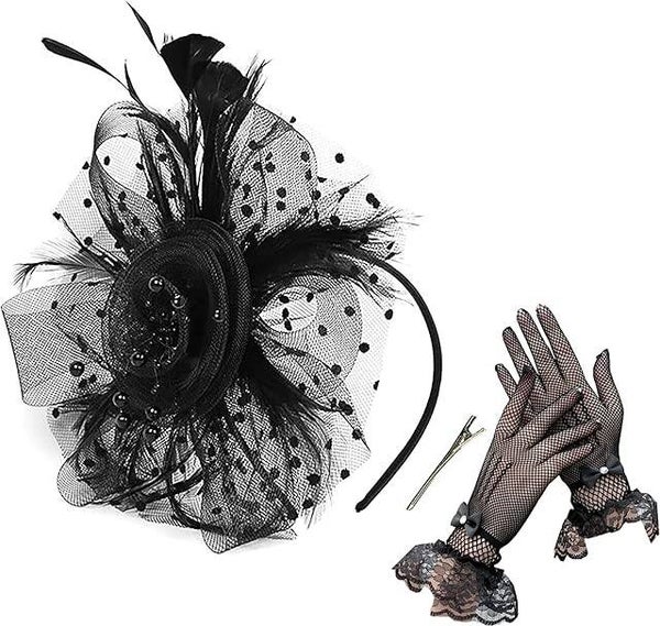 Women's Flower Feather Fascinator Hats for Women Wedding Tea Party Church Fascinators with Headband and Clip Black Set