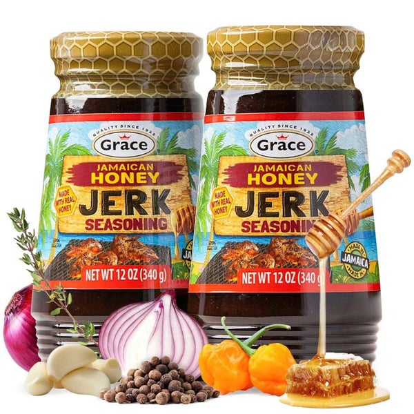 Grace Jamaican Honey Jerk Seasoning (Two 12 Oz Jars) - Honey Jerk Seasoning Jamaican Style - Caribbean Jerk Seasoning Mix for Jerk Chicken Seasoning & Oxtail Seasoning Honey (2 Jars)