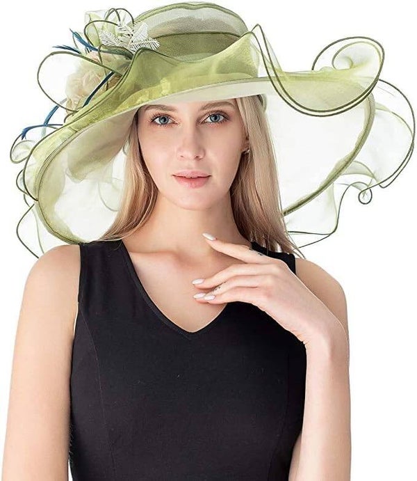Women's Kentucky Derby Church Dress Hat Wide Brim Leaf Flower Bridal Shower Hat C2 Olive Green
