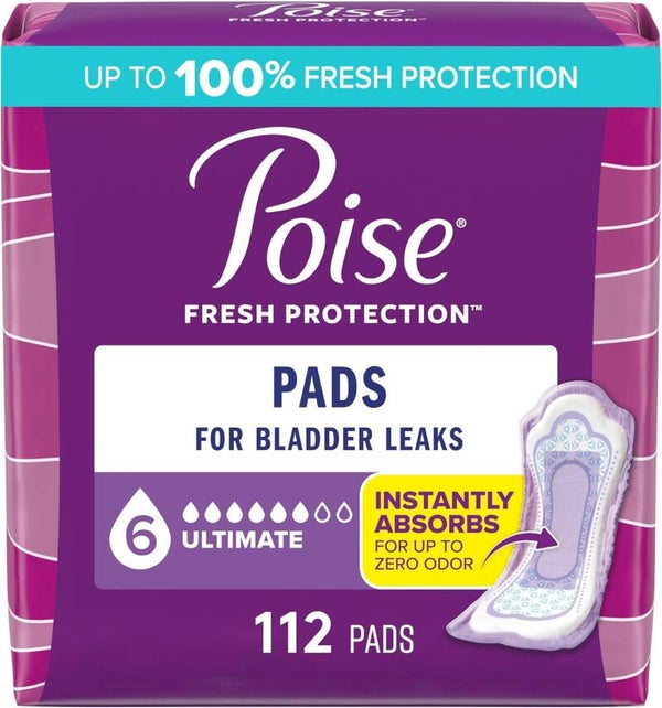 Poise Incontinence & Postpartum Pads for Bladder Leaks, 6 Drop Ultimate Absorbency, Regular Length, 112 Count, Packaging May Vary Regular Length 112