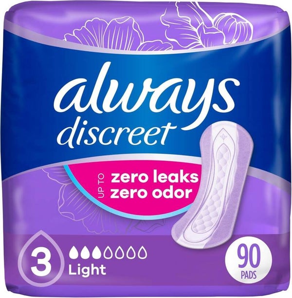 Always Discreet Adult Incontinence Pads for Women, Light Absorbency, Regular Length, Postpartum Pads, 30 Count (Packaging May Vary)