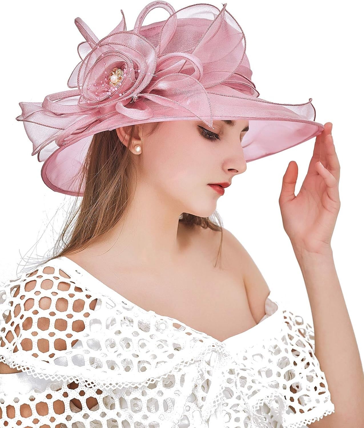 Z&X Organza Church Fascinator Wedding Tea Party Derby Hats for Women Flower Wide Brim Sun Hat 022 Pink Fascinator