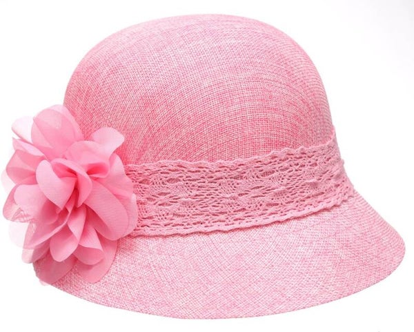 Women's Gatsby Linen Cloche Hat with Lace Band and Flower One Size Pink