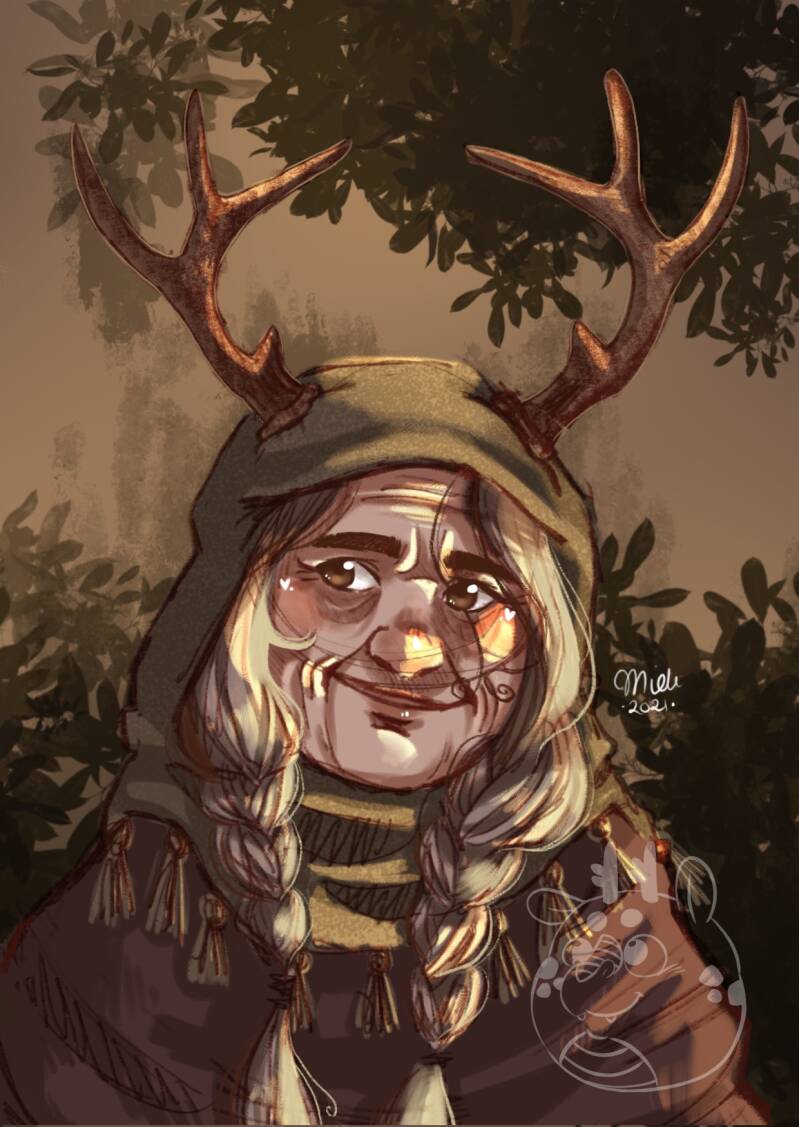 Deze oude dame is geïnspireerd op de oude heksen uit sprookjes, maar denk dan niet aan de stiefmoeder van sneeuwwitje maar aan vrouw Holle, met een boel liefde en rechtvaardigheid in haar hart
