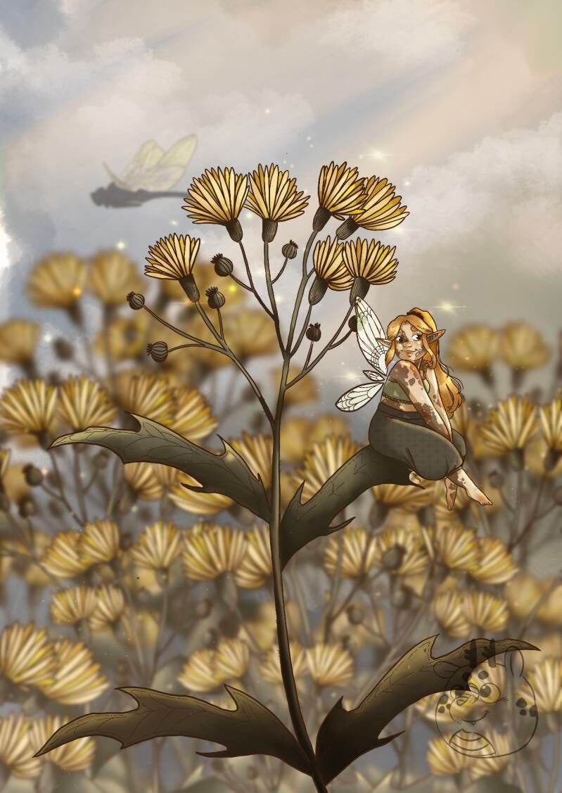 Dit elfje met Pigment mozaïcisme zit heerlijk te genieten op het blad van een melk distel