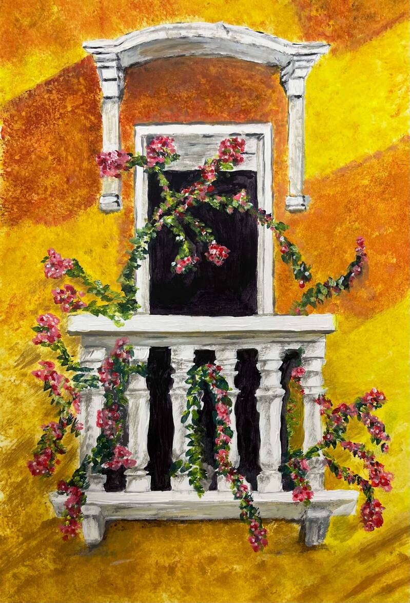 Flower Balcony - acrylic painting by Seasons Art class - art group Darlington 