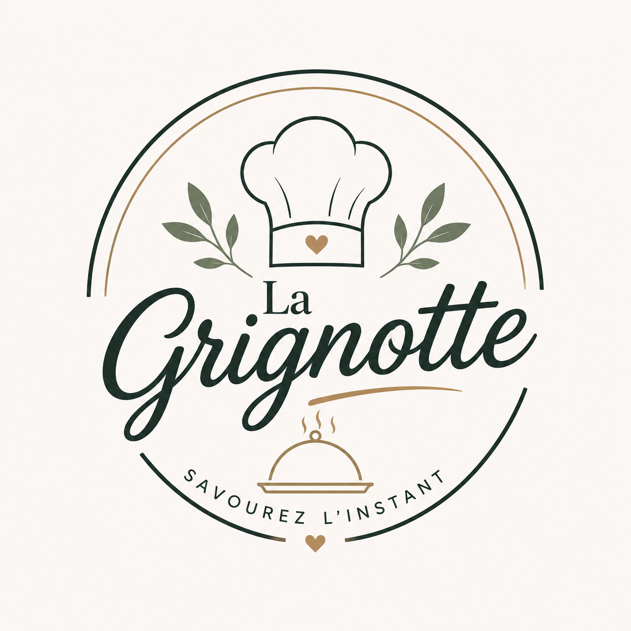 Logo de La Grignotte avec toque de chef, feuillage, cloche de service et slogan « Savourez l’instant ».