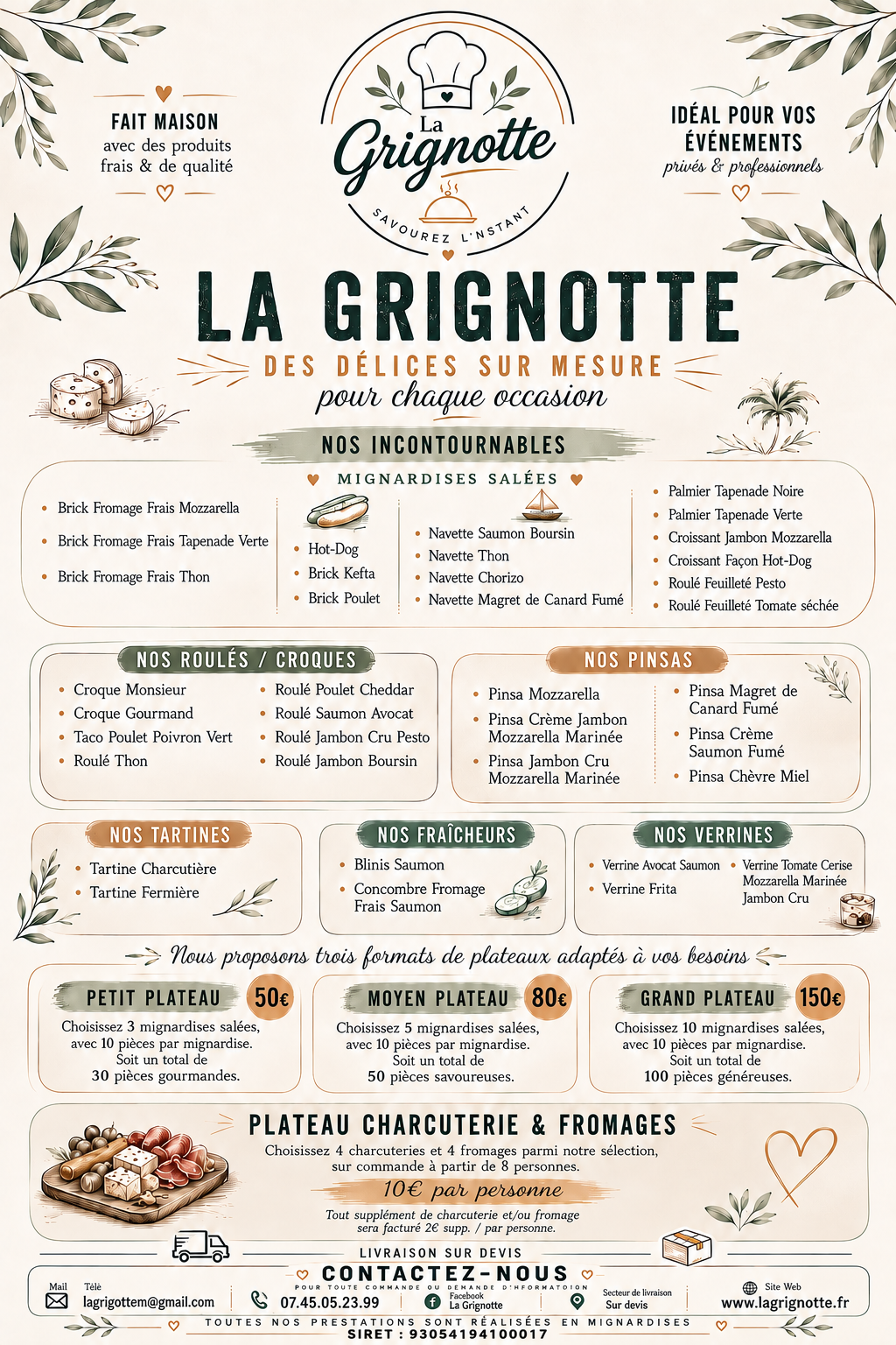 Carte de présentation de La Grignotte, traiteur au Pouzin en Ardèche, proposant des mignardises salées pour les événements privés et professionnels : bouchées apéritives, roulés, croques, pinsas, tartines, fraîcheurs et verrines.