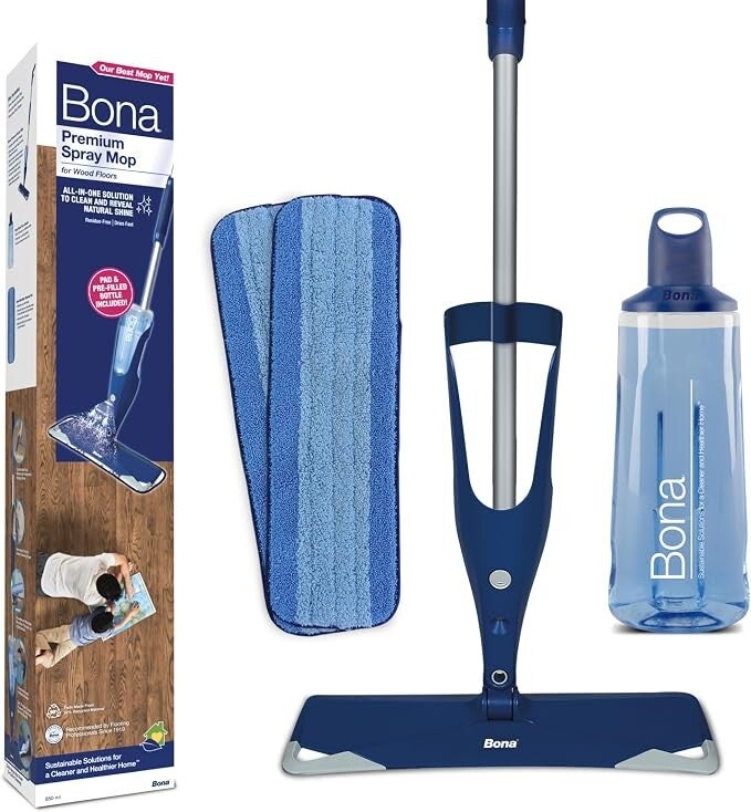 Bona Premium Spray Mops for Floors, Wood, Incl. 1x Bona Wood Floor Cleaner Liquid Cartridge 850ml & 1 Microfibre Pads, Blue