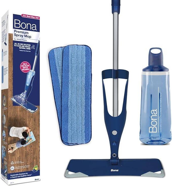 Bona Premium Spray Mops for Floors, Wood, Incl. 1x Bona Wood Floor Cleaner Liquid Cartridge 850ml & 1 Microfibre Pads, Blue