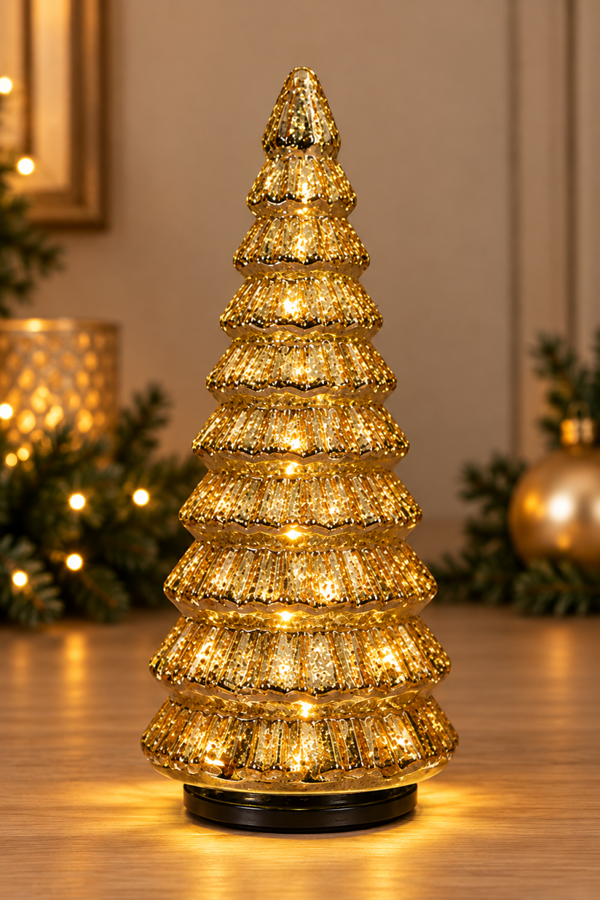 Glazen Kerstboompje Draaiend met LED Verlichting – Metallic Goud - 30cm
