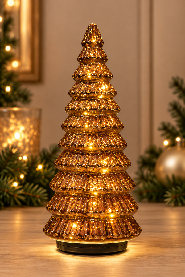 Draaiend Glazen Kerstboompje met LED Verlichting – Metallic Brons – 30 cm