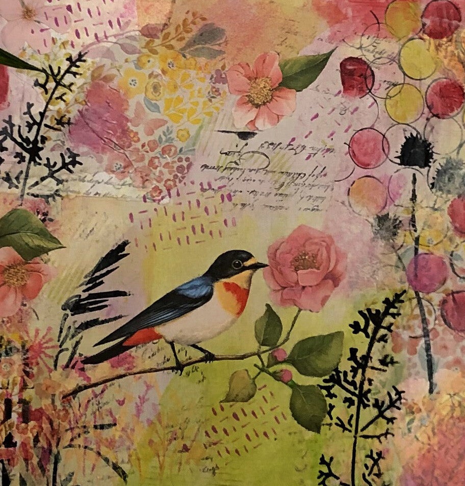 Houten paneel met mixed media vogel en rozen