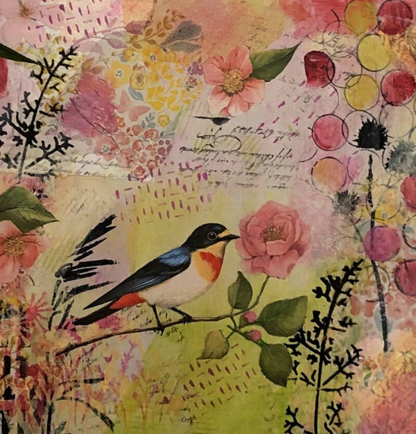 Houten paneel met mixed media vogel en rozen