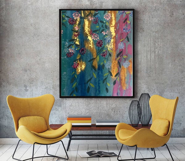 Canvas met bloemenslingers en goud