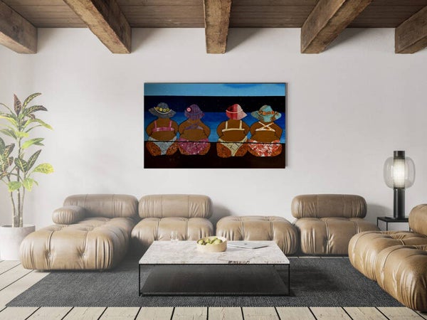 Houten planken met dames aan strand