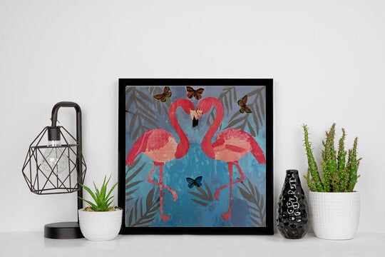 Houten paneel met flamingo's in mozaïekstijl