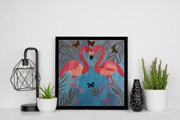 Houten paneel met flamingo's in mozaïekstijl