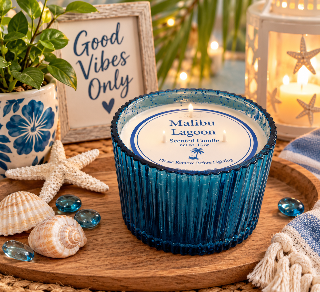 Ocean Breeze Scented Candle, 12 oz Triple Wick Candle in Blue Mercury Glass Jar, Lemon Blossom & Sea Salt Fragrance, Coastal Beach Home Decor, Reusable Decorative Jar (Blue, Malibu Lagoon)