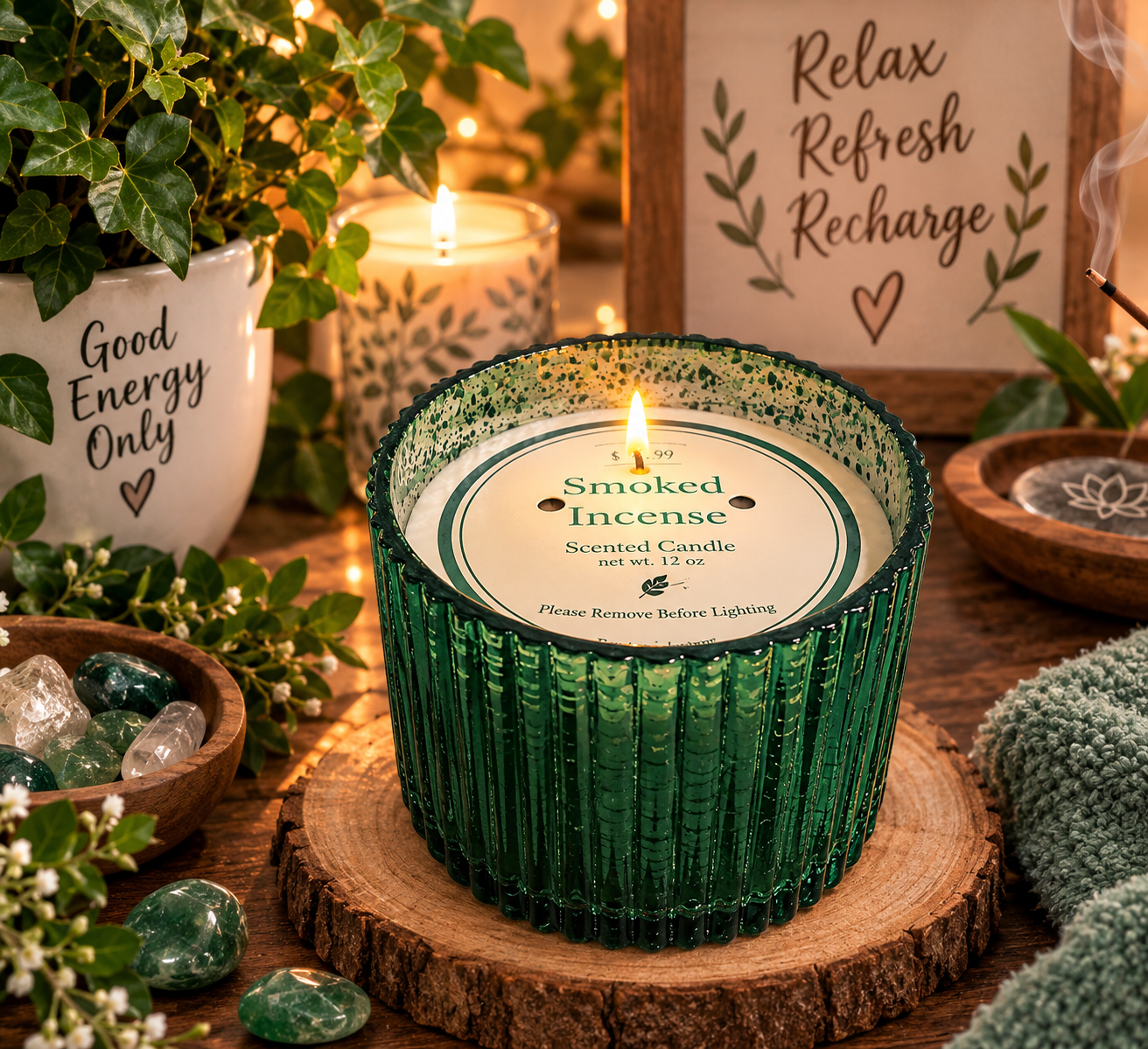 Incense Inspired Scented Candle, 12 oz Triple Wick Candle in Green Mercury Glass Jar, Warm Smoky Fragrance, Decorative Home Candle, Reusable Glass Container (Smocked Incense)
