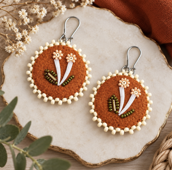 Floral Hide Dentallium Beaded Earrings