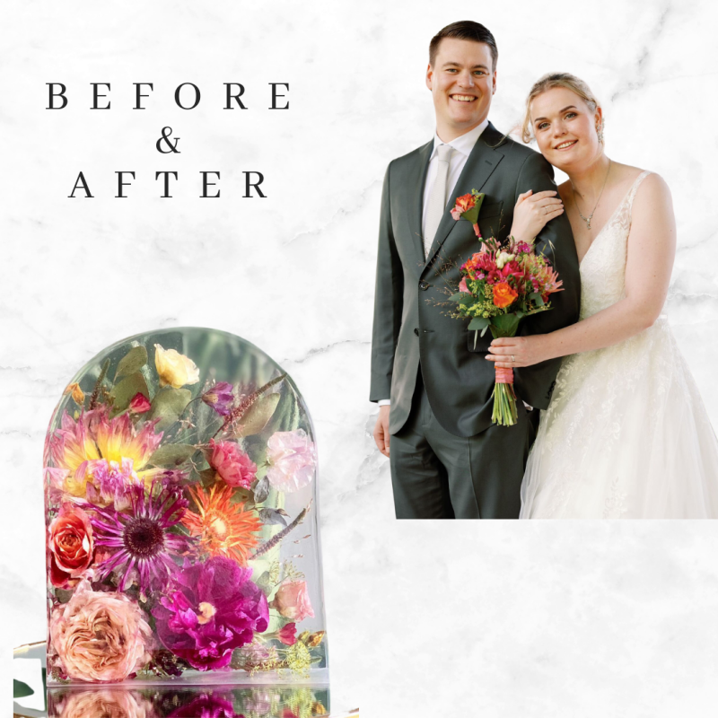 bruidsboeket in epoxy voor en na foto's