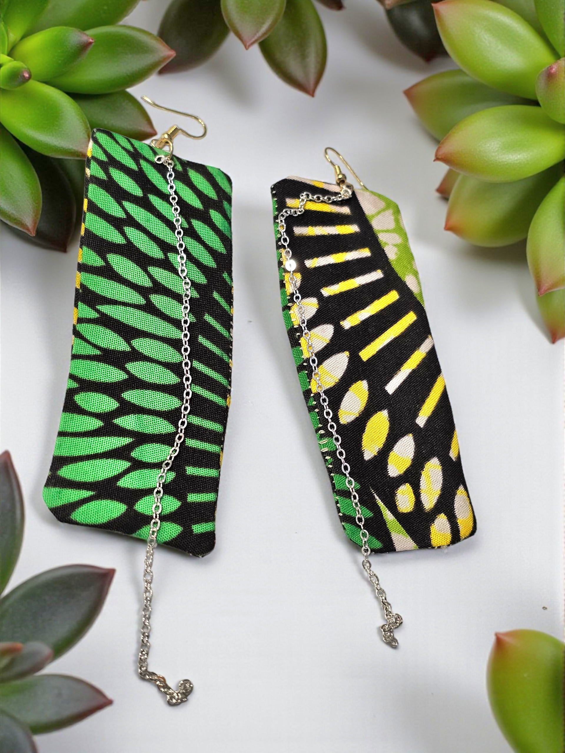 Washable, 100% African fabric print with silver chain. Green Earrings,  RECTANGLE (African mix print colors as pictured)