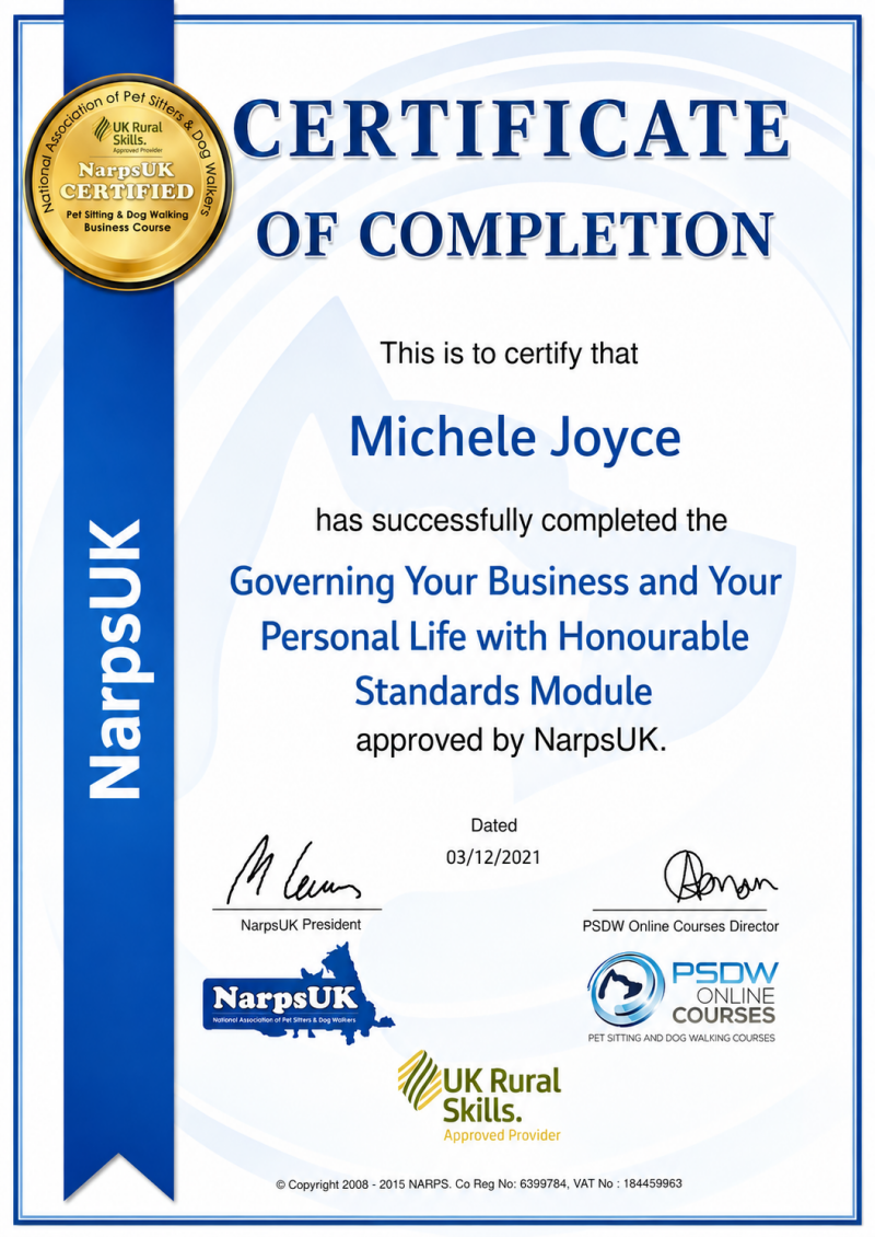 Governing Your Business &amp; Personal Life with Honourable Standards Module Completed: 03 December 2021 Professional conduct, business ethics, privacy, reliability, and maintaining the highest service standards at all times.