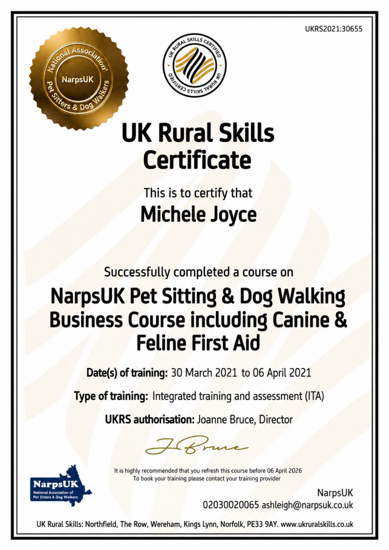 NarpsUK Gold Seal accreditation – the UK’s top standard for pet professionals. Plus UK Rural Skills Certificate in Dog Walking & Pet Sitting, completed with Distinction Grade. Proof we meet and exceed all legal and welfare requirements.