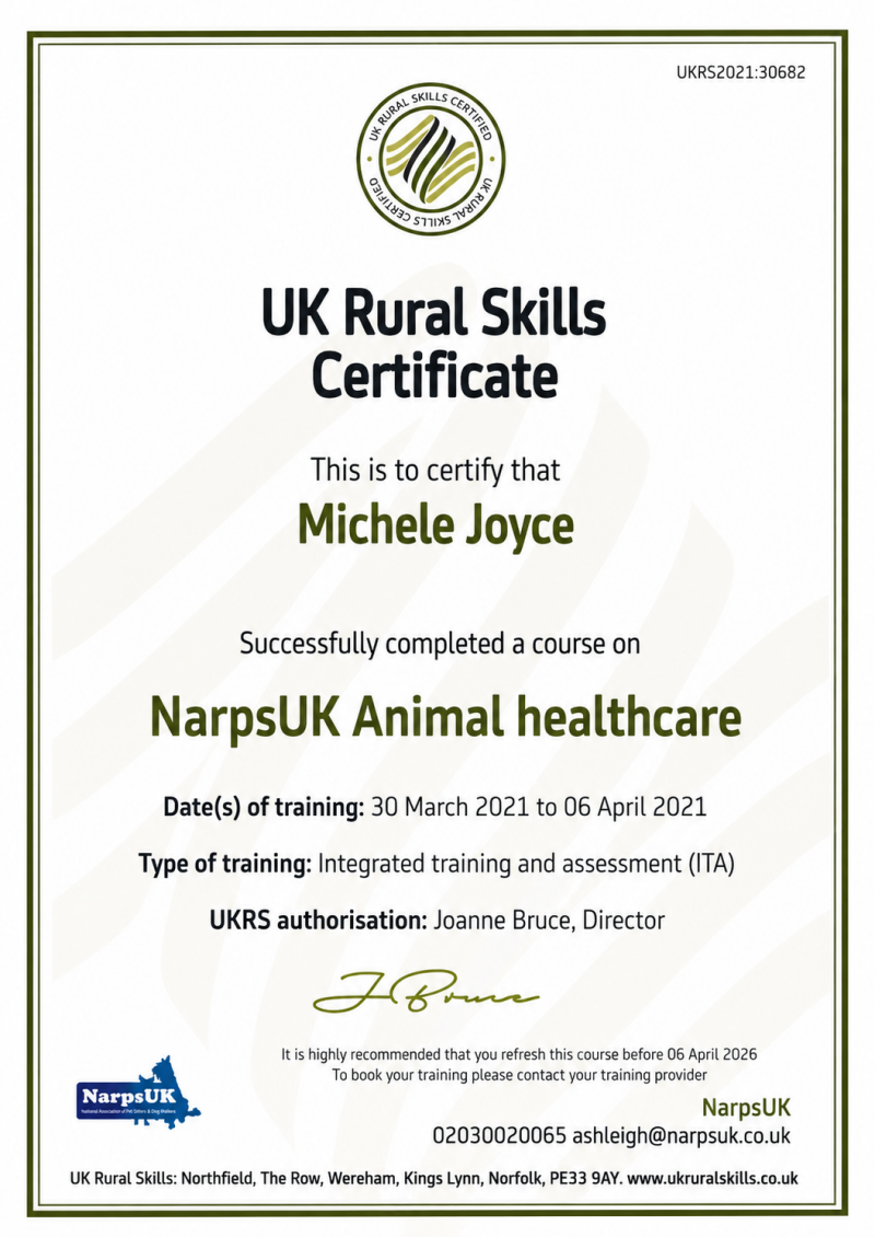 UK Rural Skills Certified • Completed: 30 March – 06 April 2021 Comprehensive training in animal health, disease prevention, wellbeing, care protocols, and recognising signs of illness.