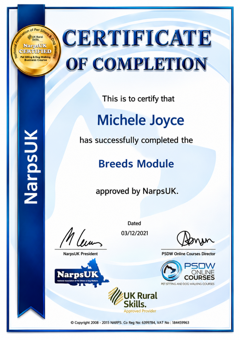 Breeds Module Completed: 03 December 2021 In‑depth knowledge of breed characteristics, natural behaviours, temperament, and specific care requirements for all dog types.