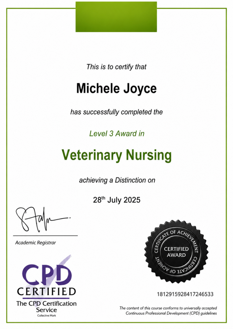 Veterinary Nursing – Level 3 Completed: 2025 Intermediate skills including post‑operative care, medication management, monitoring health, recognising deterioration and supporting recovery.